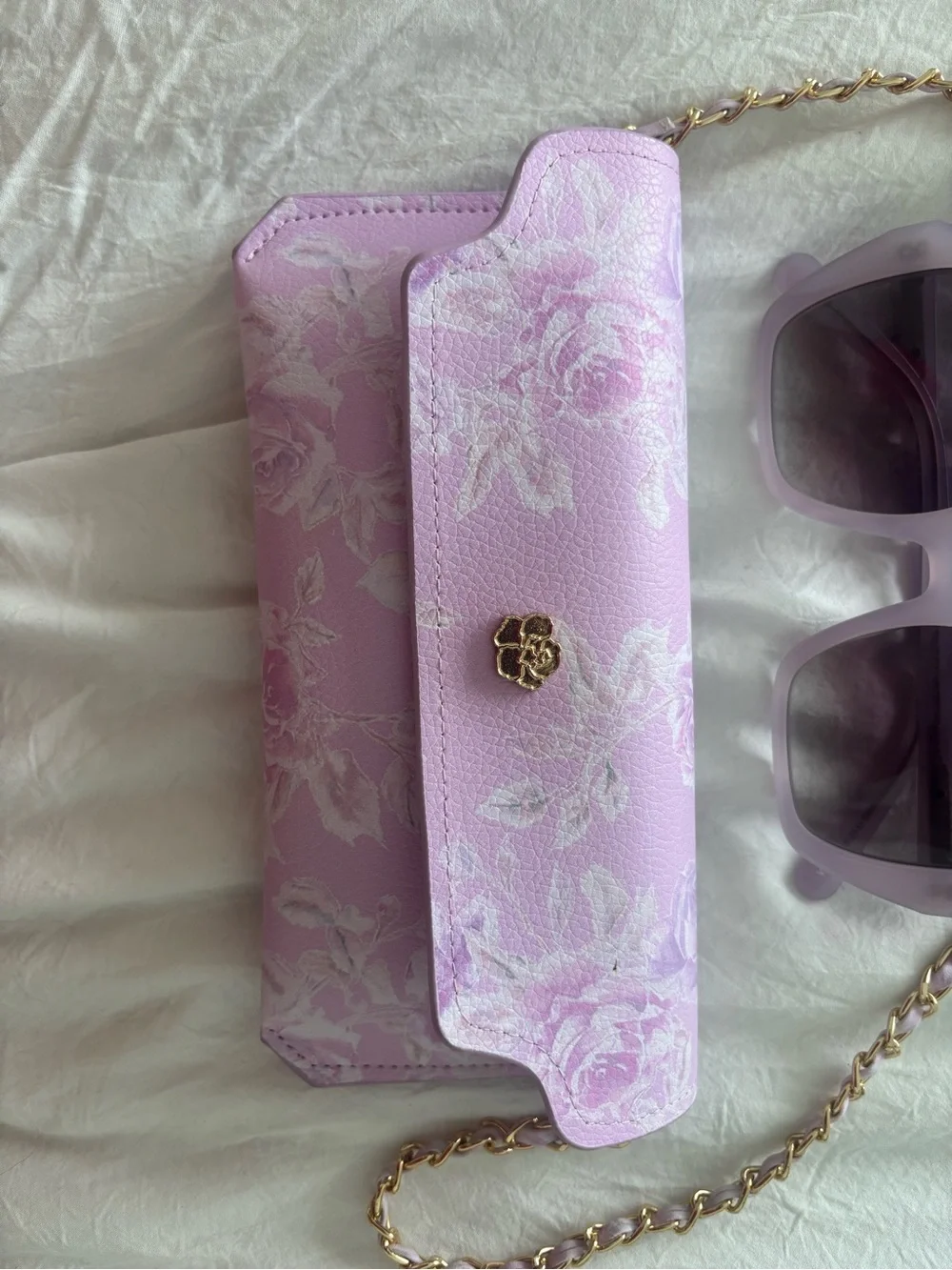 LoveShackFancy Lavender Floral Sunglasses with Matching Lilac Chain Bag